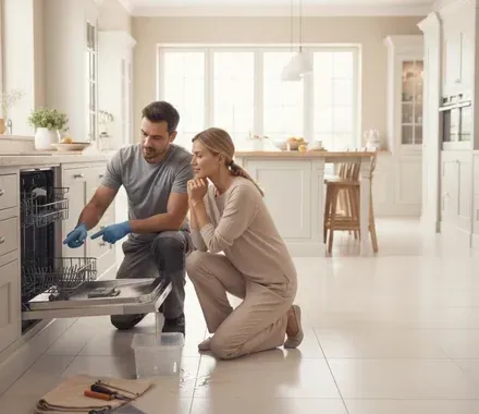 Técnico de fontanería revisando una fuga en lavavajillas en una cocina de Mataró, servicio urgente.