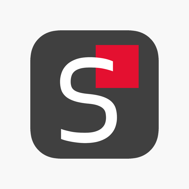 Symbol mit weißem „S“ und rotem Quadrat auf grauem Hintergrund.