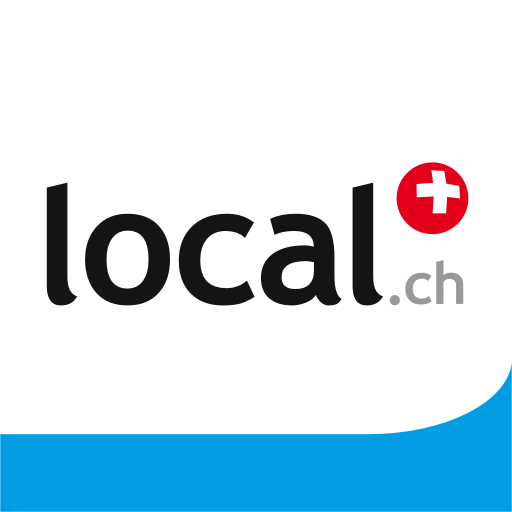 Local.ch-Logo mit dem Text „local.ch“ und einem Schweizer Flaggensymbol. Blaues Eckdetail.