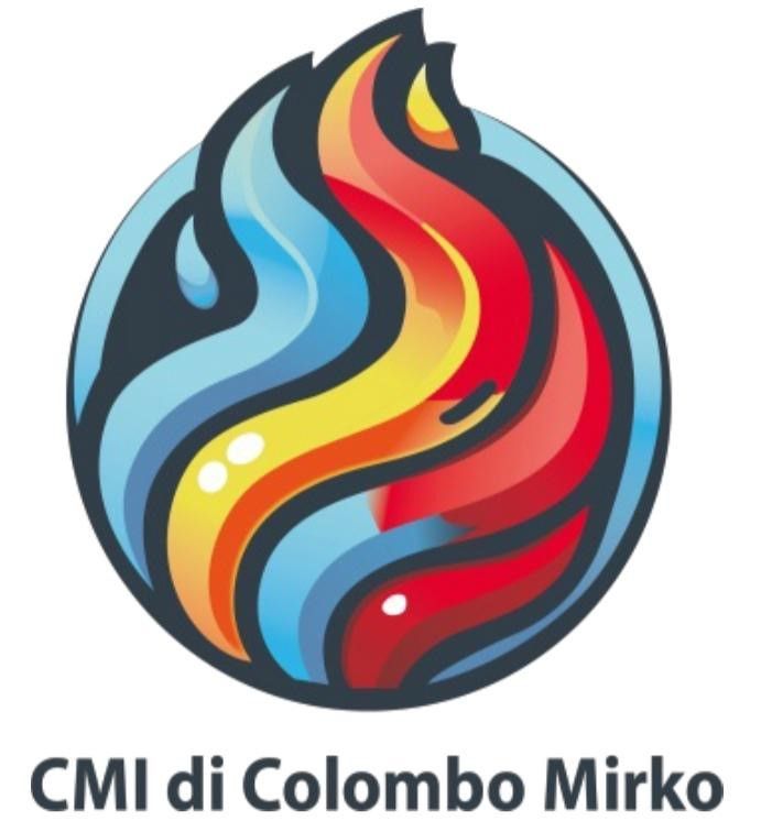 Logo per CMI di Colombo Mirko: una fiamma stilizzata con i colori blu, giallo, arancione e rosso all'interno di una sfera blu.
