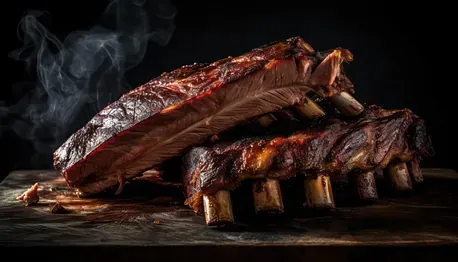 Dos costillas están colocadas una encima de la otra sobre una tabla de cortar de madera.