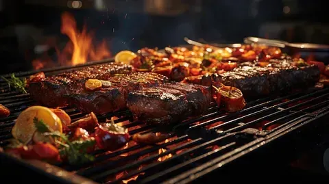 Un montón de carne y verduras se están cocinando en una parrilla.