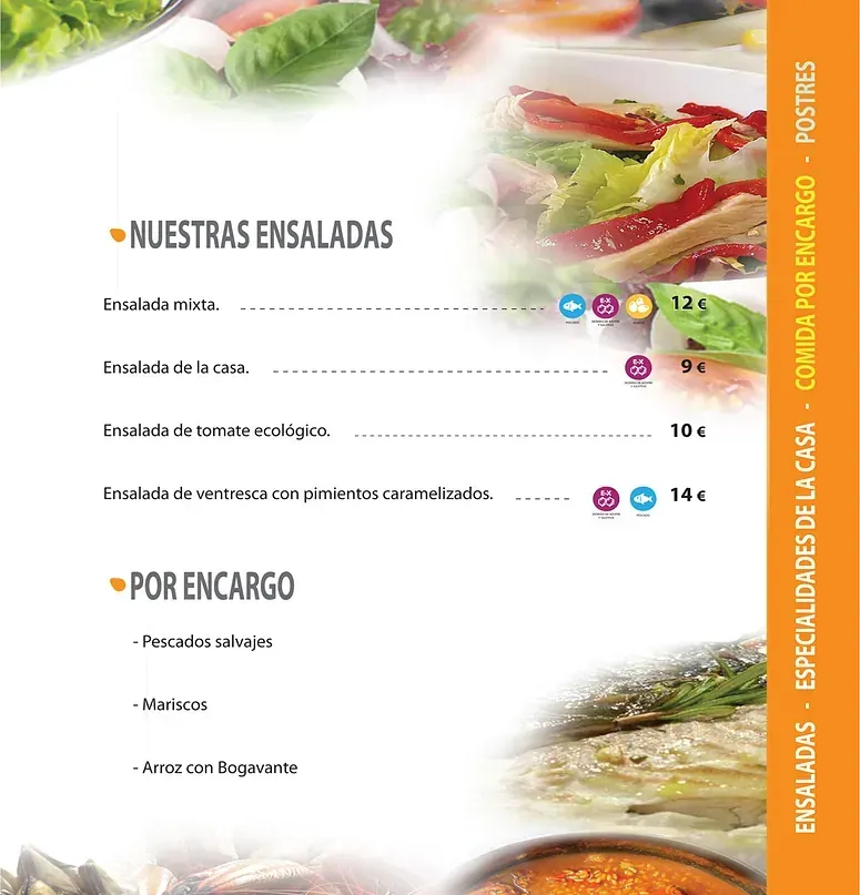 Un menú de un restaurante muestra una variedad de ensaladas.