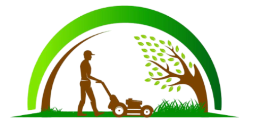 Silueta de una persona empujando una cortadora de césped con un árbol estilizado y un arco verde al fondo.