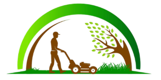 Silueta de una persona empujando una cortadora de césped con un árbol estilizado y un arco verde al fondo.