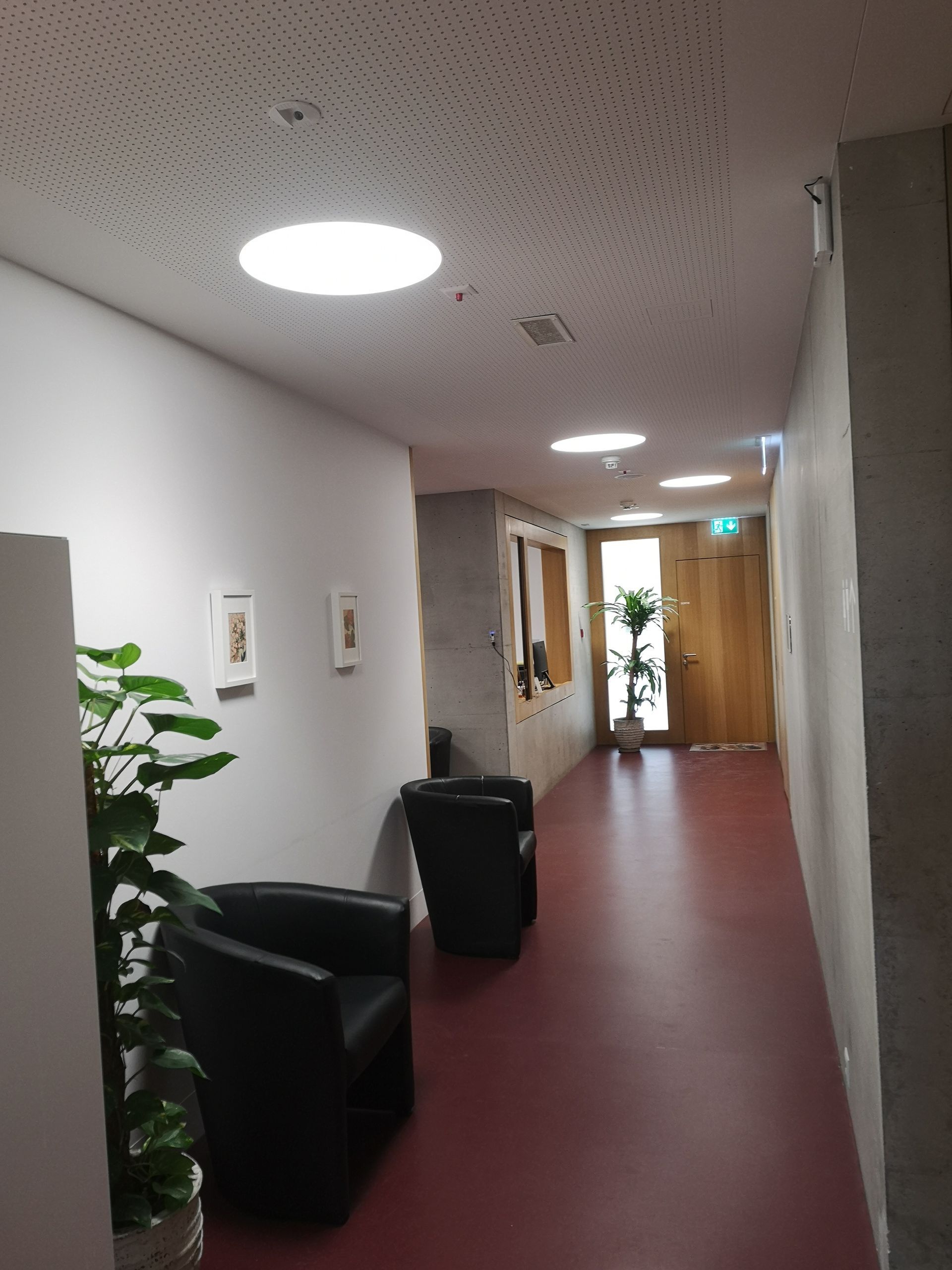 Un long couloir avec des chaises et une plante au milieu