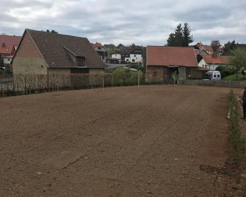 Ein Feld mit ein paar Häusern im Hintergrund