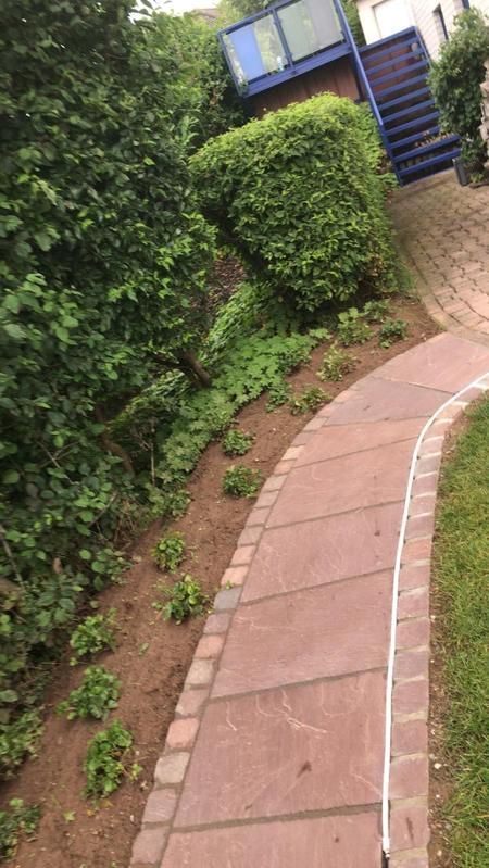 Ein gemauerter Gehweg in einem Garten, an dem ein Schlauch befestigt ist.