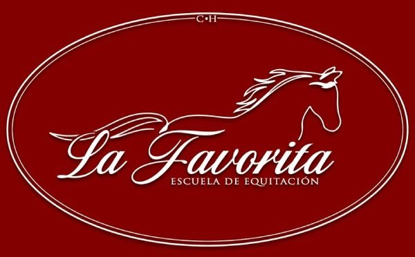 Logotipo para Escuela Ecuestre “La Favorita”: Óvalo rojo con texto cursivo blanco y silueta de caballo.