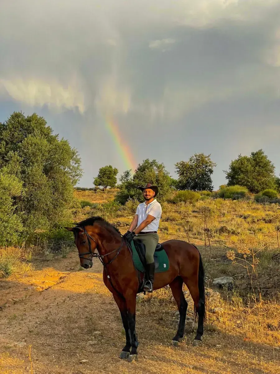 Hombre sobre un caballo marrón, mirando un arcoíris en un campo con árboles, bajo un cielo nublado.