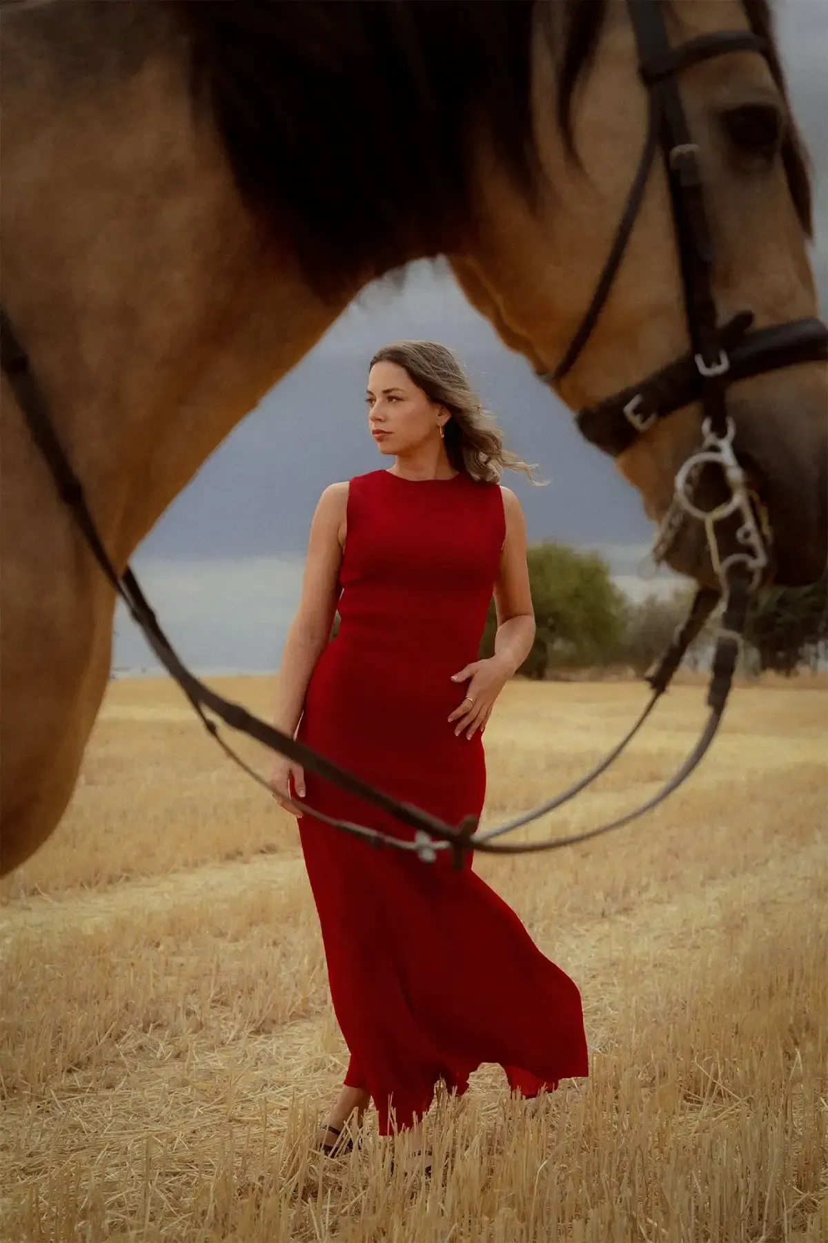 Una mujer vestida de rojo se encuentra junto a un caballo en un campo, sosteniendo las riendas y mirando hacia otro lado.