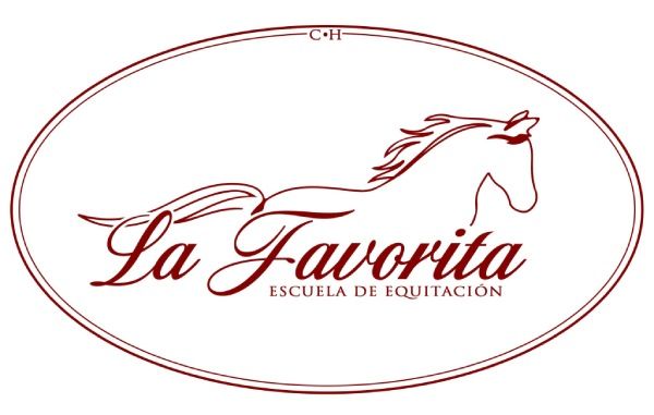 Oval logo: maroon outline, silhouette horse, script "La Favorita Escuela de Equitacion."