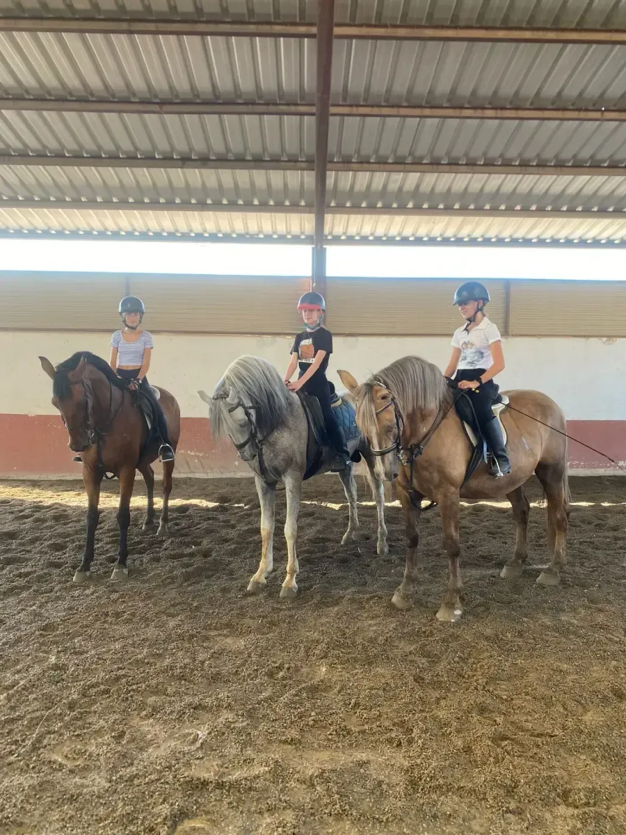 Tres personas montando a caballo en una pista cubierta. Los jinetes llevan casco. Los caballos son de diferentes colores