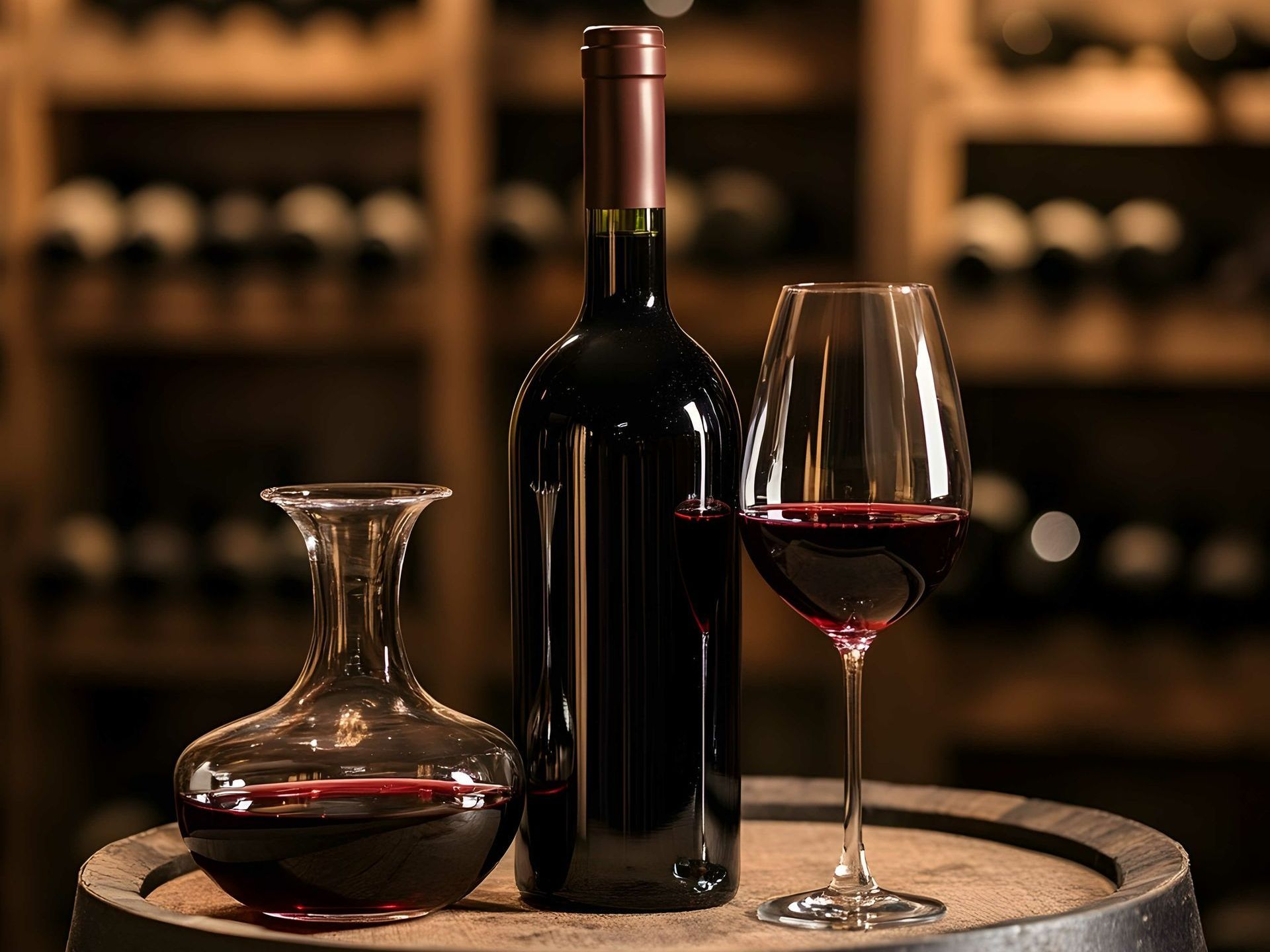 Une carafe, une bouteille et un verre de vin