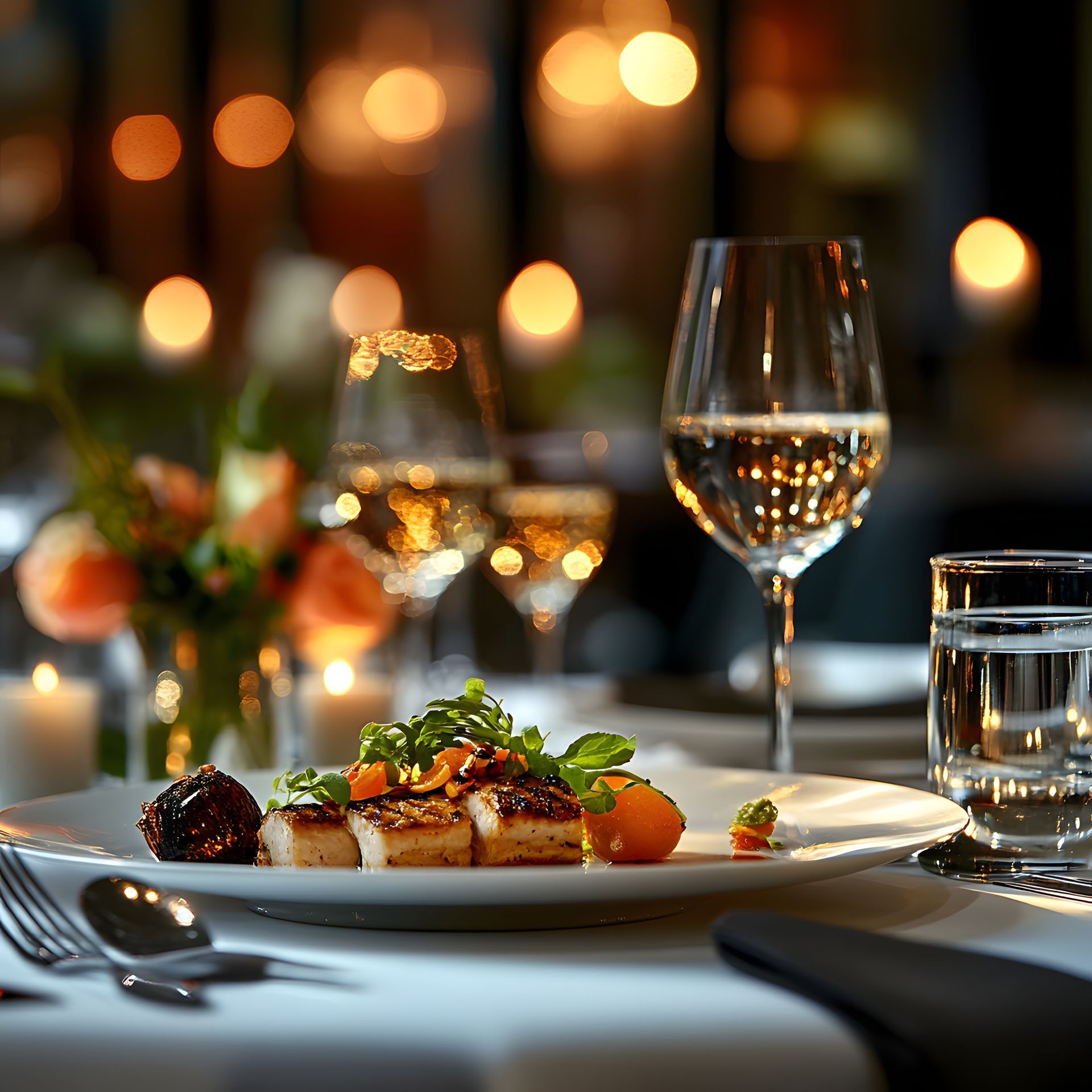 Une assiette de poisson et un verre de vin