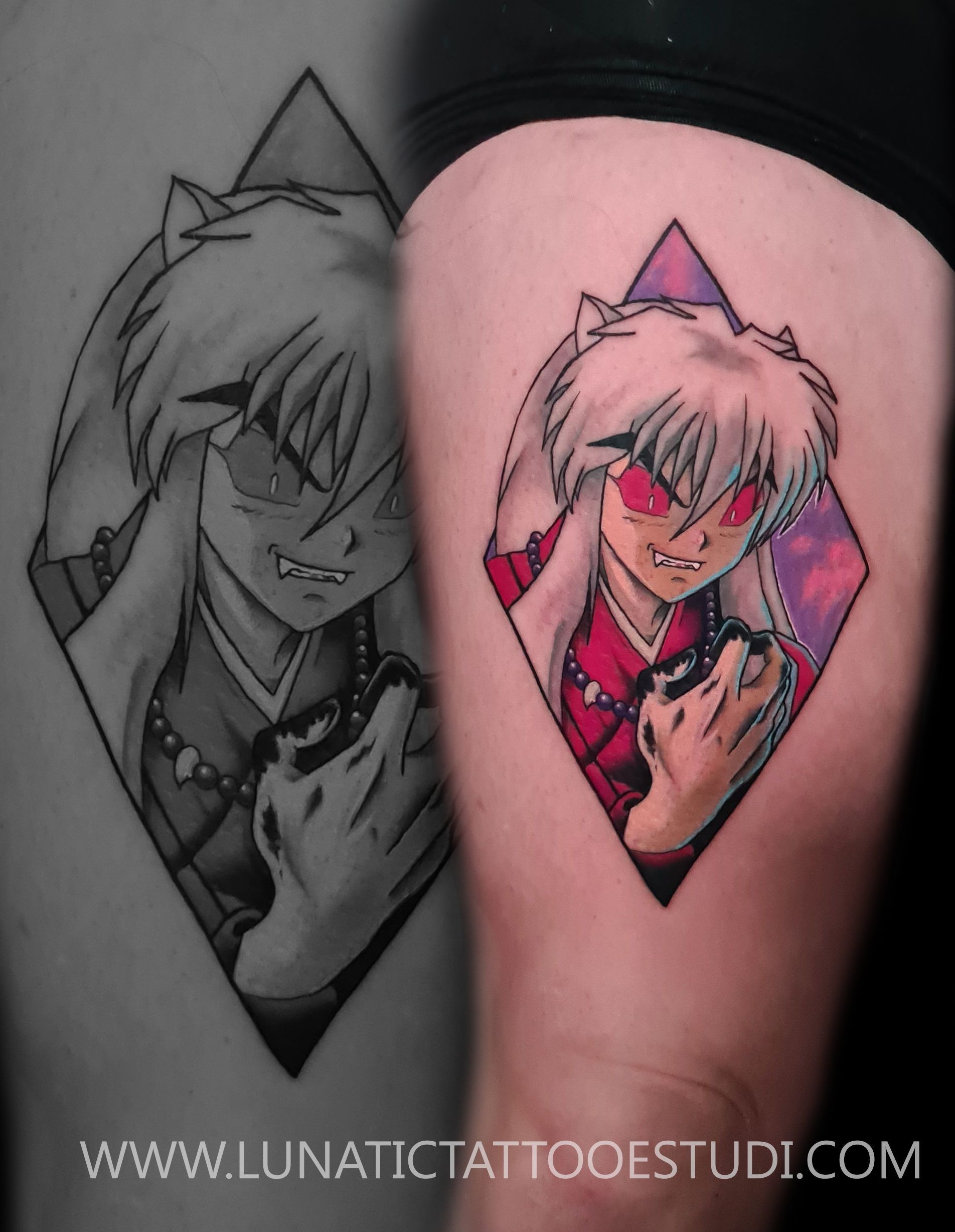 Un tatuaje del personaje de anime Inuyasha, con ojos rojos y una expresión amenazante, enmarcado en forma de diamante.