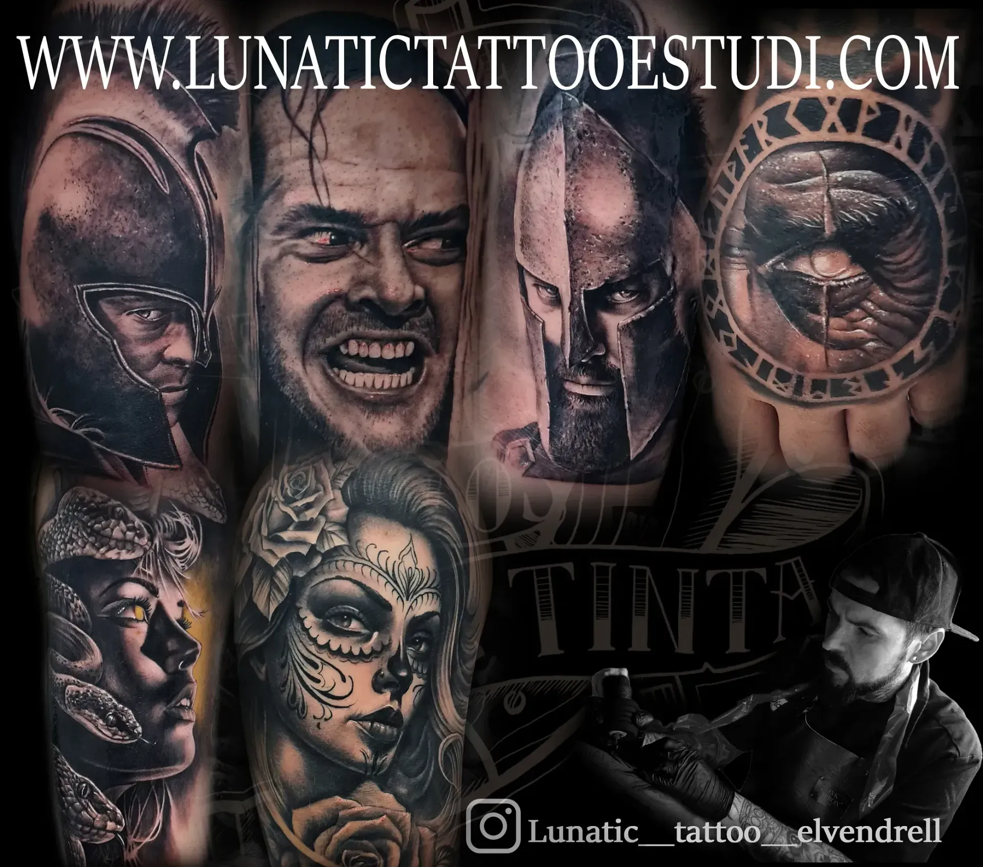 Un collage de tatuajes en blanco y negro que muestra cascos de guerreros, la expresión intensa de un hombre y una mujer con rostro de calavera.