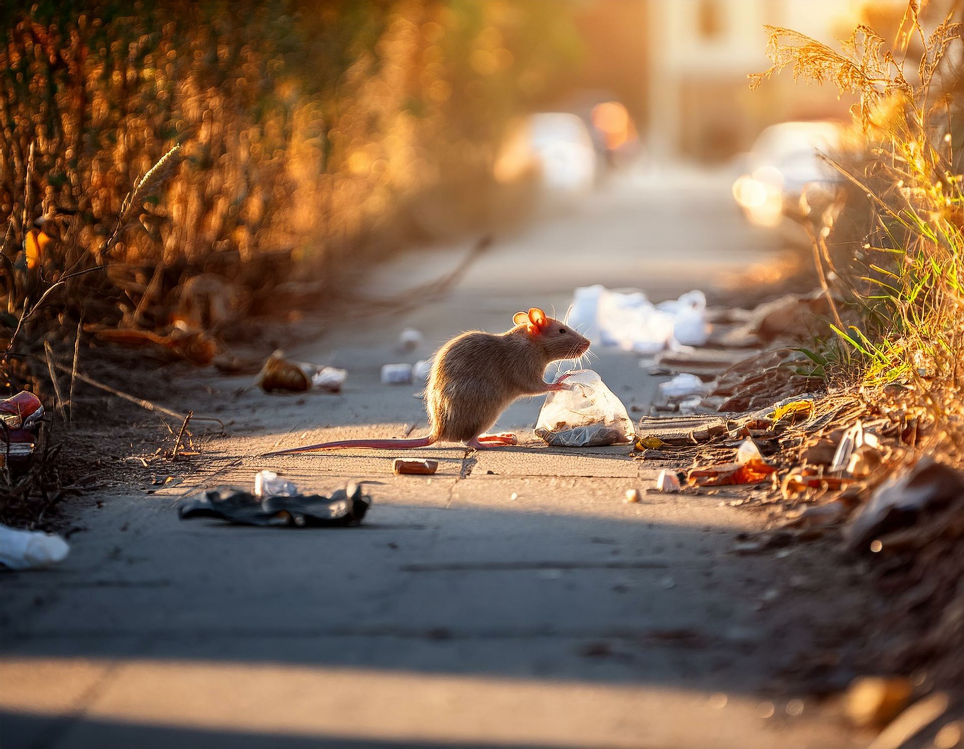 Un rat dans une allée au milieu de détritus.