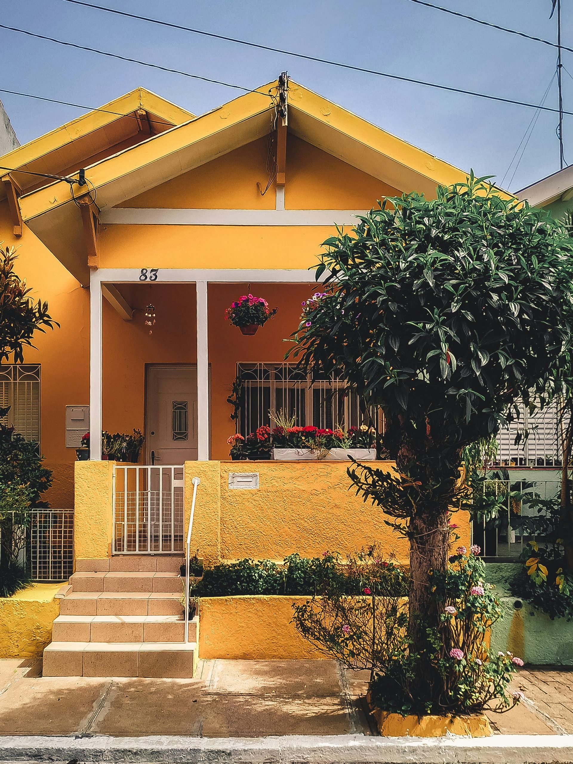 Yellow house with porch, steps, and flowering plants. A tree stands to the right.