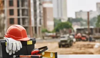 Orange hard hat, gloves, and tools on toolbox at construction site.