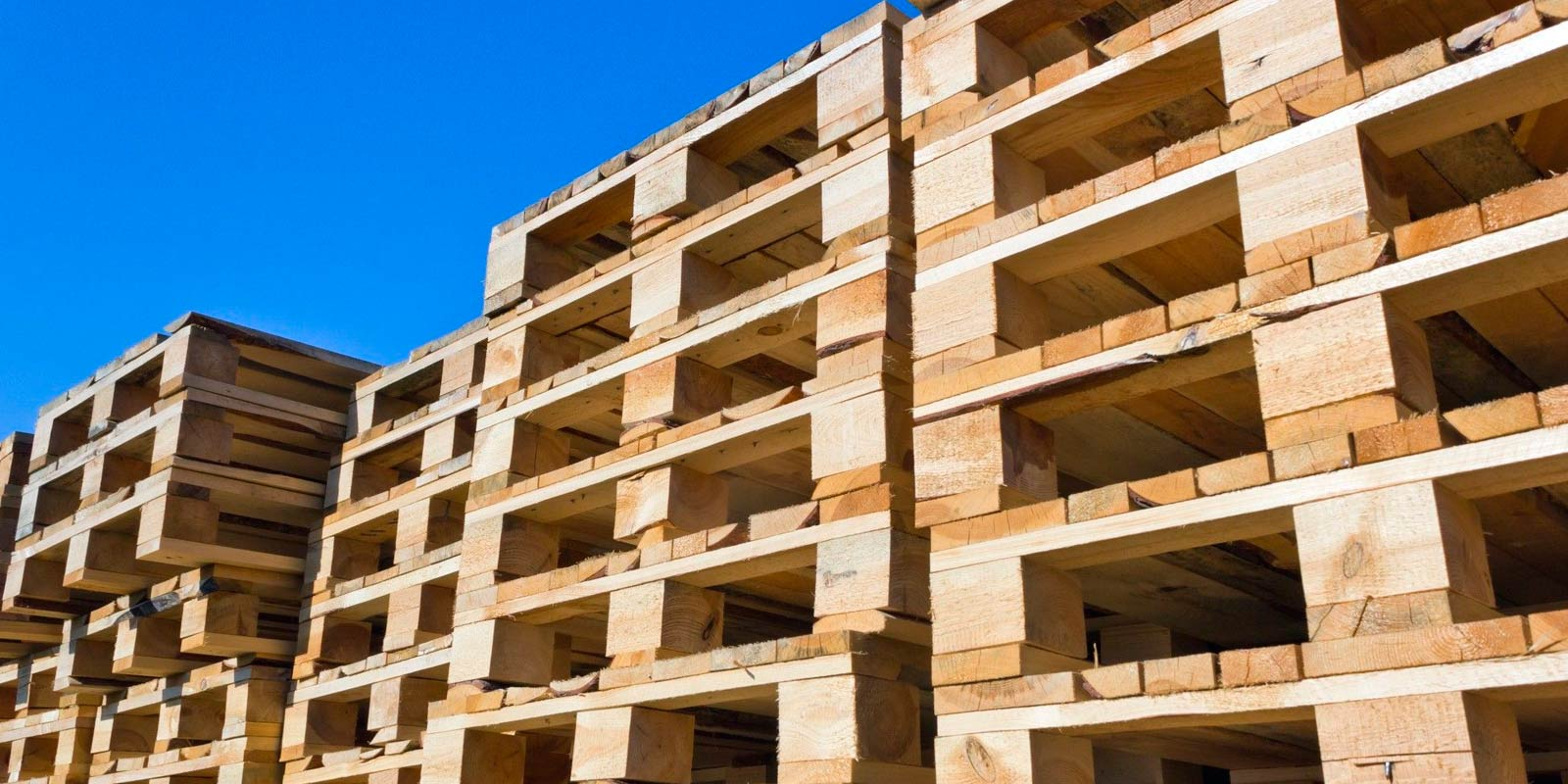 Una pila de paletas de madera contra un cielo azul.