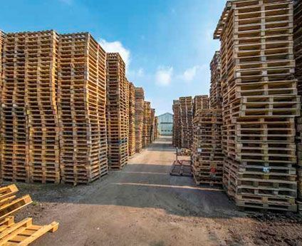 Un almacén lleno de montones de paletas de madera apiladas una encima de otra.