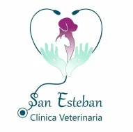 Logotipo de San Esteban Clínica Veterinaria con un corazón verde azulado, manos color menta y morado