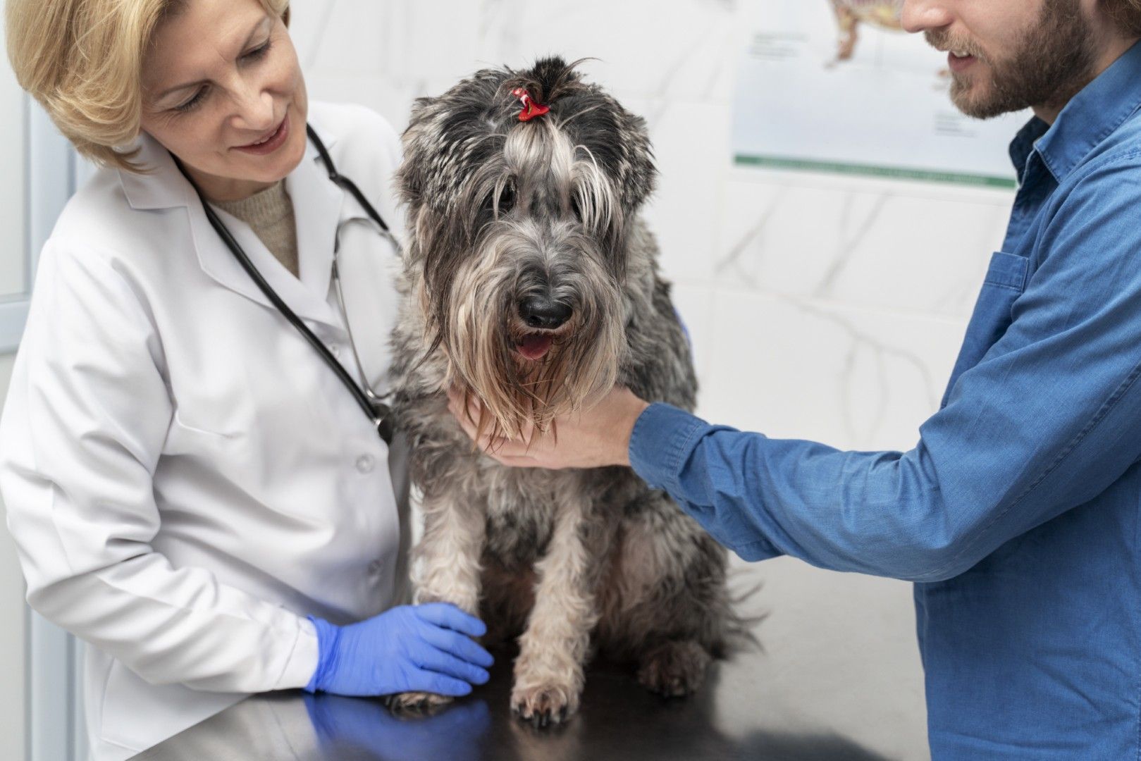Un veterinario examina a un perro peludo mientras un hombre le sostiene la cabeza en una consulta veterinaria