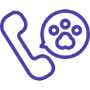 Icono de contorno morado de un teléfono con una huella de pata dentro de un círculo