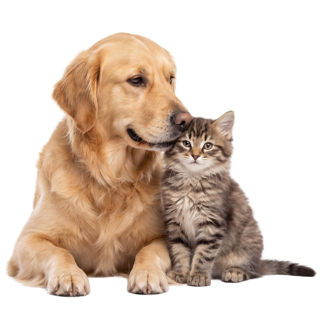 Un golden retriever acurrucando a un gatito atigrado y peludo sobre un fondo blanco