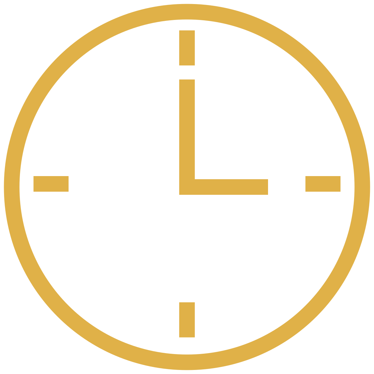 Gold clock icon on white background, showing 3 o'clock