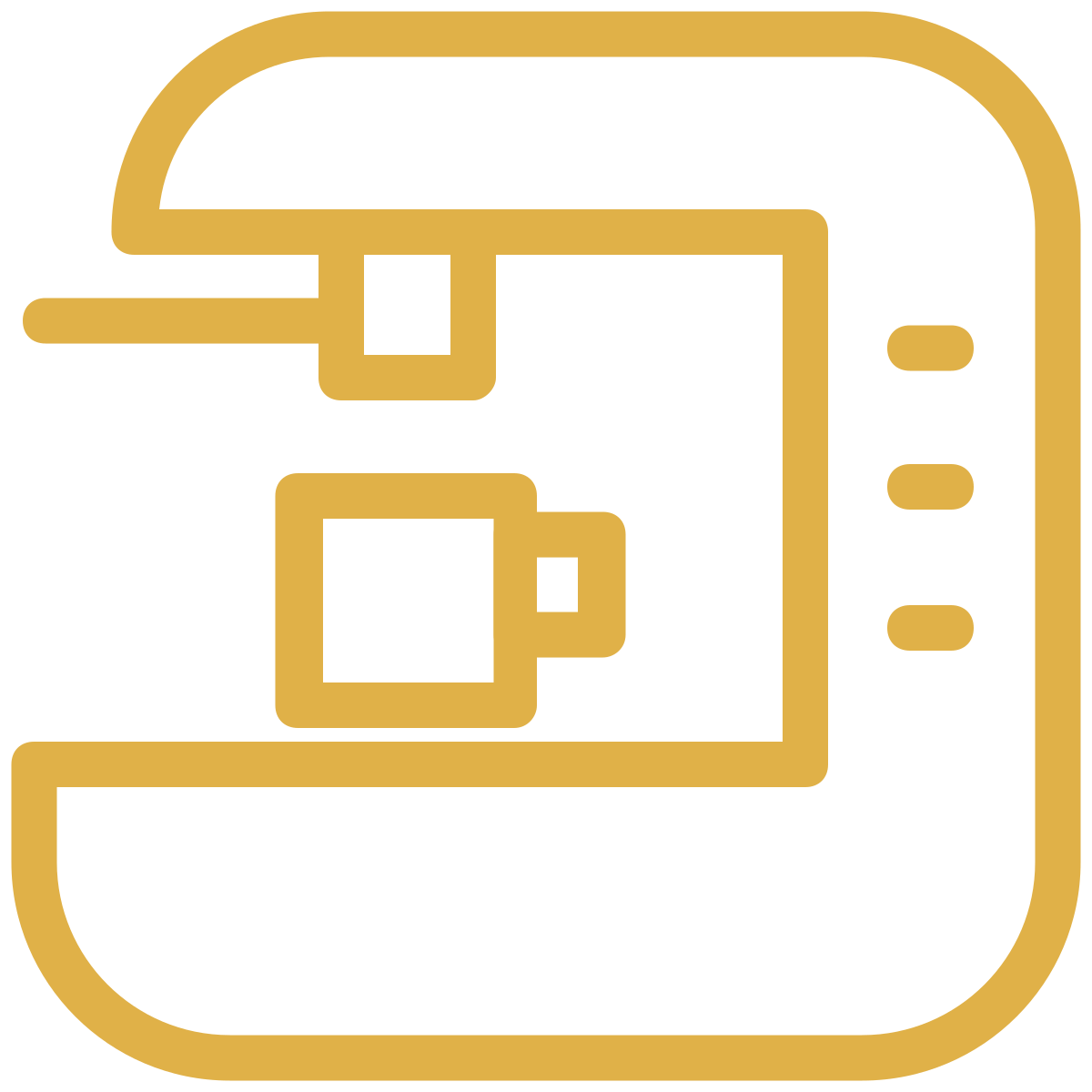 Gold outline icon of a coffee machine with a cup on a white background
