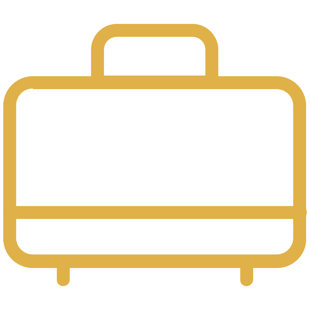 Gold suitcase icon on a white background, outlined in gold with a handle and small feet.