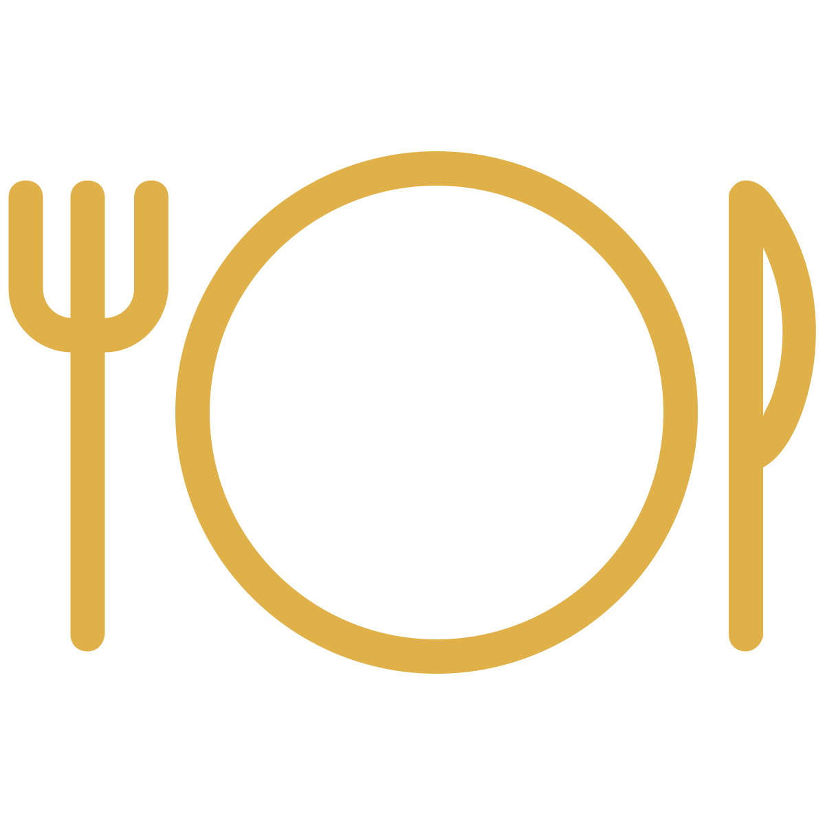 Gold fork, plate, and knife icon on a white background