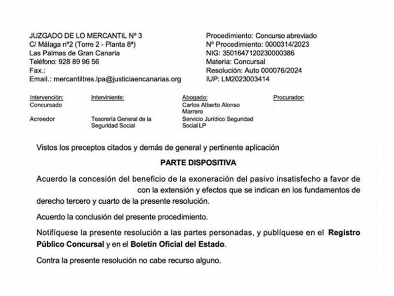 Documento de Juzgado de lo Mercantil, en el que se anuncia una exoneración de obligaciones insatisfechas.
