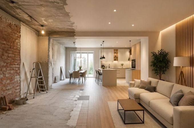 Salón moderno de planta abierta con paredes de 