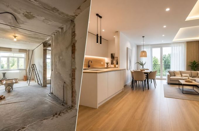 Antes y después de la reforma de una vivienda: habitación sin terminar junto a un luminoso y moderno salón diáfano.