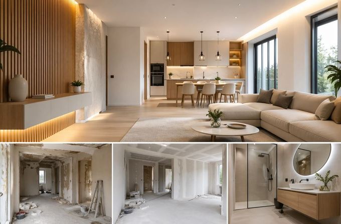 Arriba se muestra un moderno salón-cocina de planta abierta, y abajo tres escenas de la reforma interior en construcción.