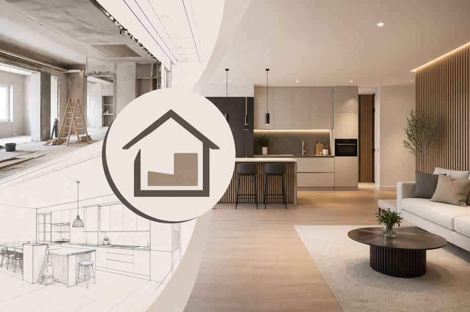 Salón y cocina modernos de planta abierta 