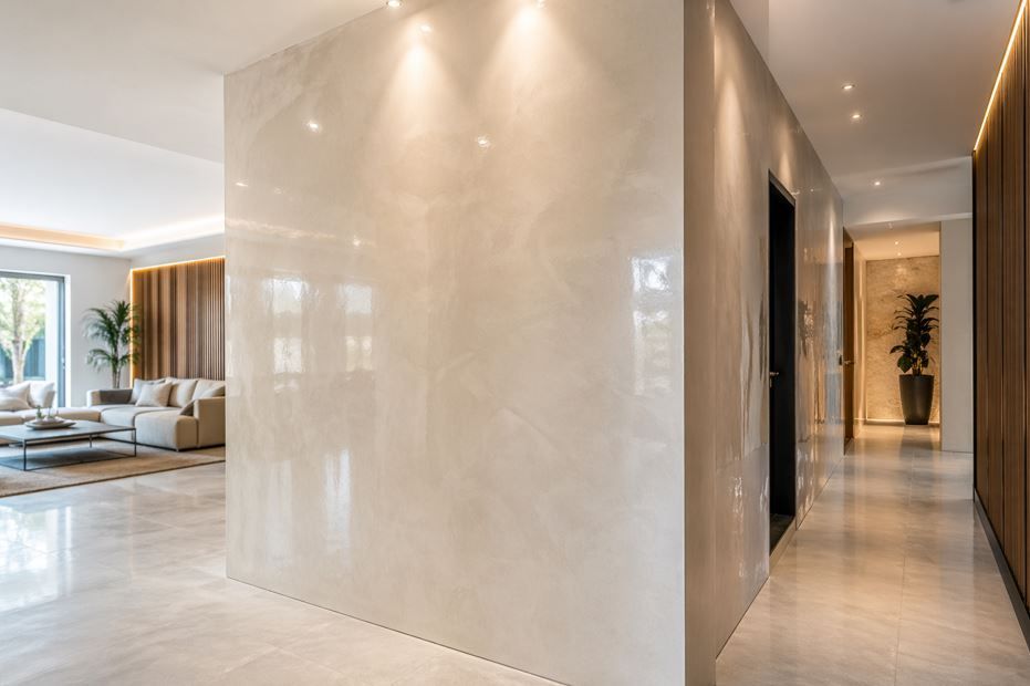 Pasillo de apartamento de lujo moderno con paredes de mármol brillante que conduce a una luminosa sala de estar.