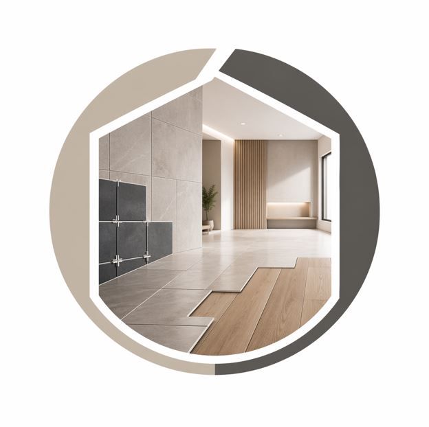 Logotipo circular que muestra un interior moderno con azulejos neutros, suelo de madera y paredes beige.