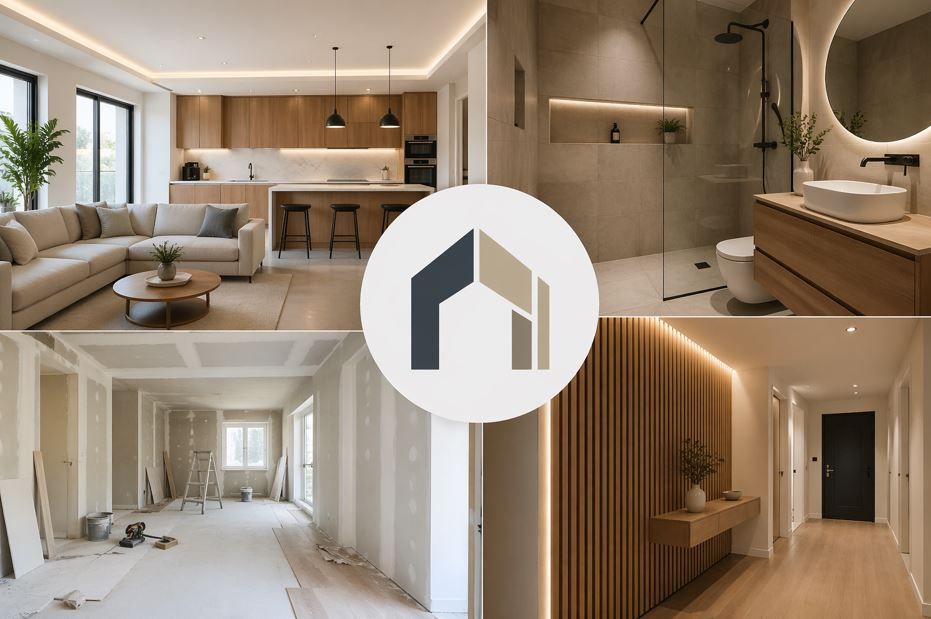 Collage de interiores modernos en tonos neutros: sala de estar, cocina, pasillo y baño con el logotipo en el centro.