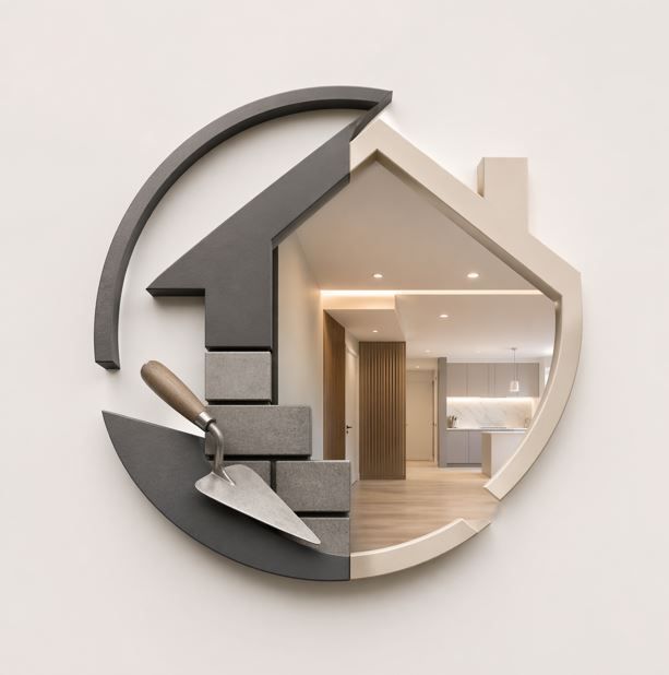 Logotipo circular de reforma de viviendas con paleta y diseño de interiores de casas modernas.