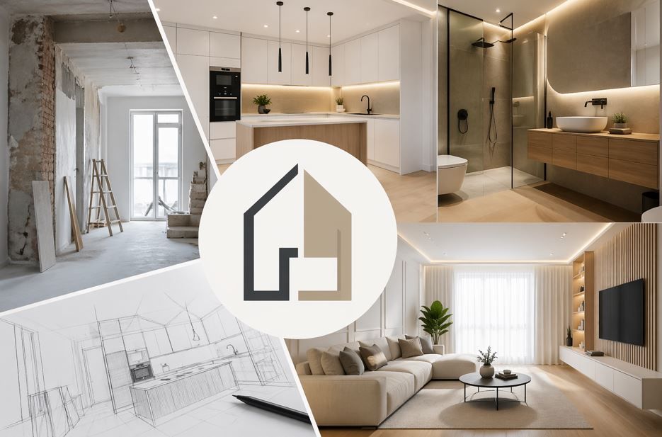 Collage de planos de diseño de interiores modernos, representaciones gráficas y un logotipo de reforma de viviendas.