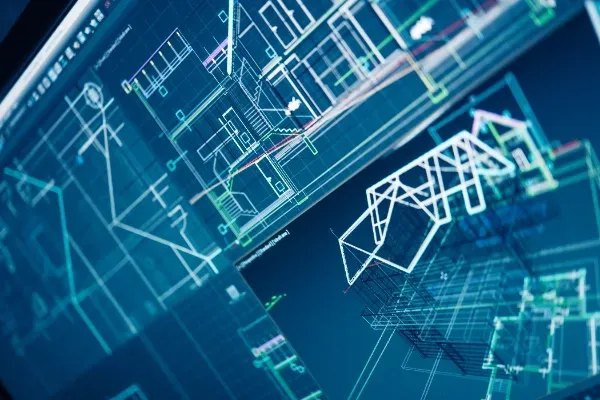 A computer screen with a blueprint of a building on it