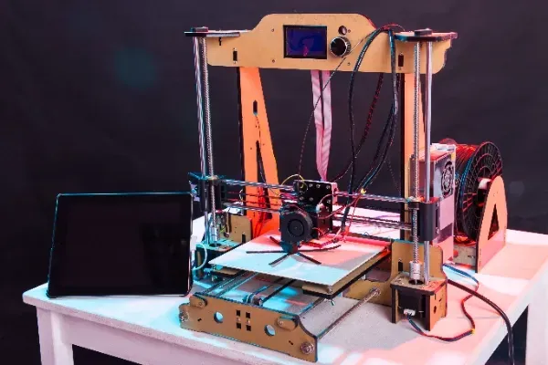 A 3d printer is sitting on a table next to a tablet.
