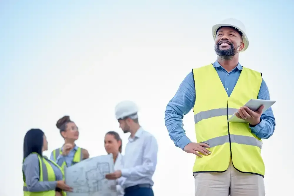 A man in a hard hat is standing in front of a group of construction workers.