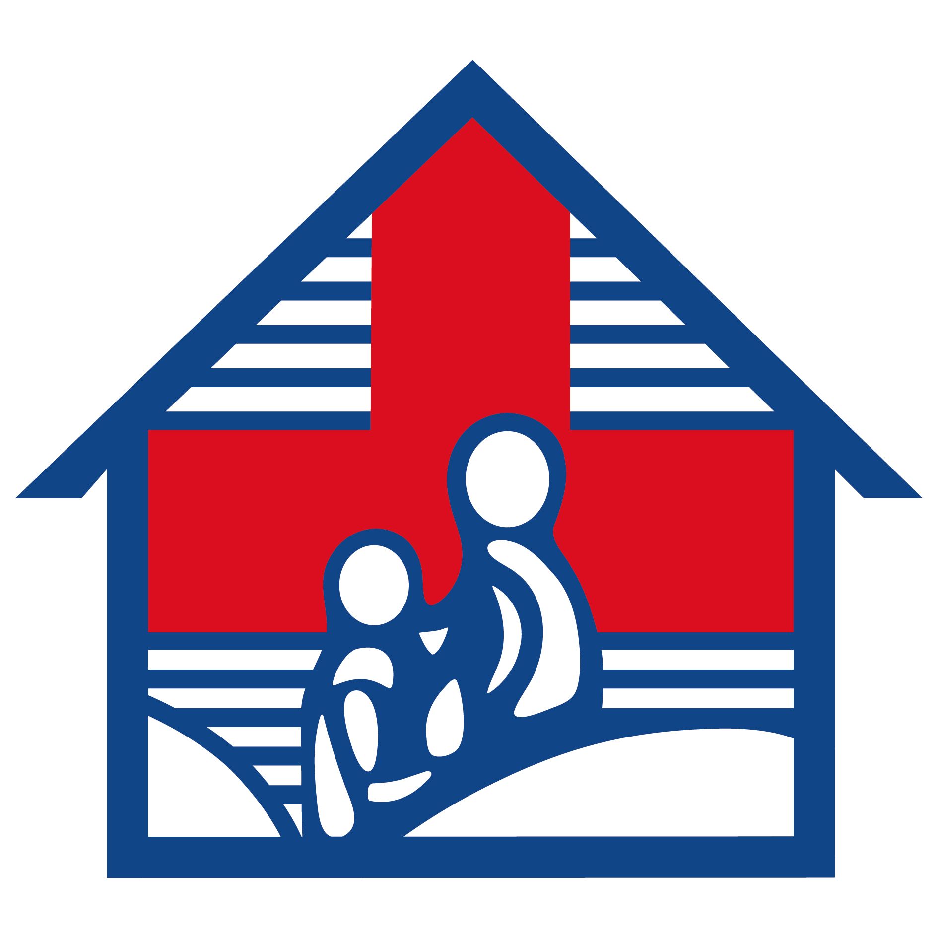 Ein blau-rotes Haus mit zwei Menschen darin