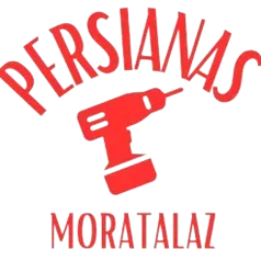 Logotipo rojo de Persianas Moratalaz con texto rojo y un icono estilizado de taladro eléctrico.
