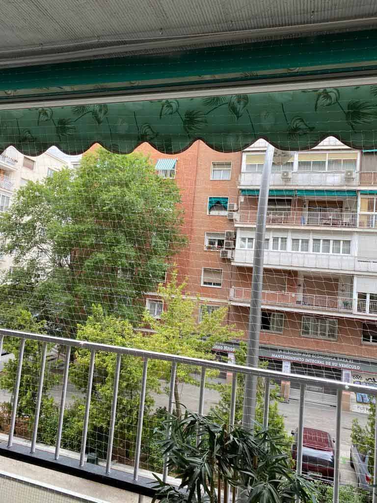 Vista desde el balcón de edificios de apartamentos, árboles frondosos y una calle tranquila bajo un toldo verde.
